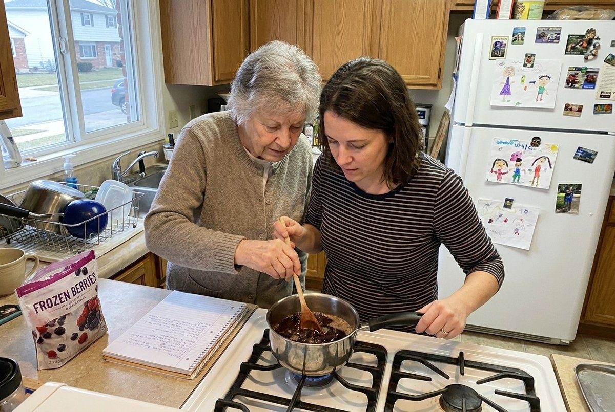 A grandmother and daughter cooking together