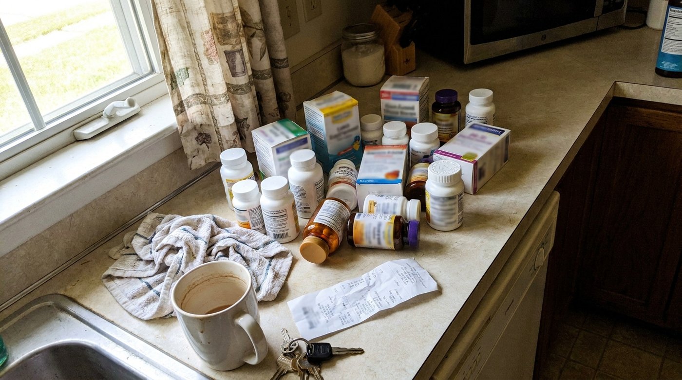 A kitchen counter crowded with supplement bottles